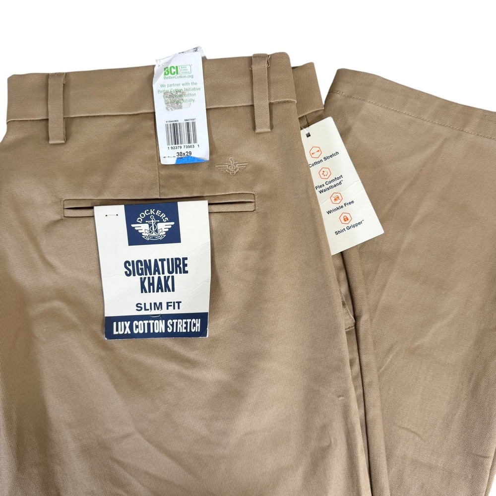 Dockers Signature Khaki Pants Mens 38x29 Tan Slim Fit Lux‎ Cotton Stretch NEW